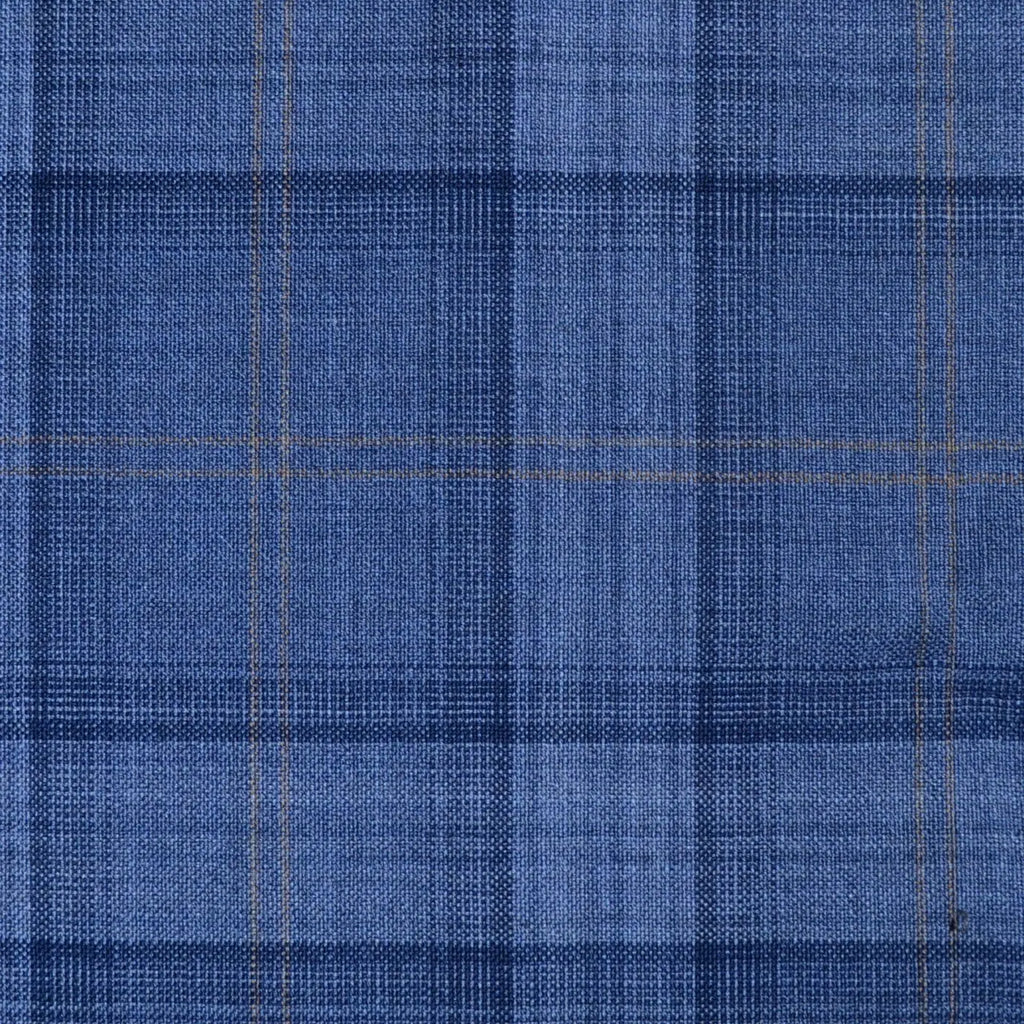 Medium Blue with Navy Blue & Tan Check Super 120's Wool Italian Suiting - 3.50 Metres