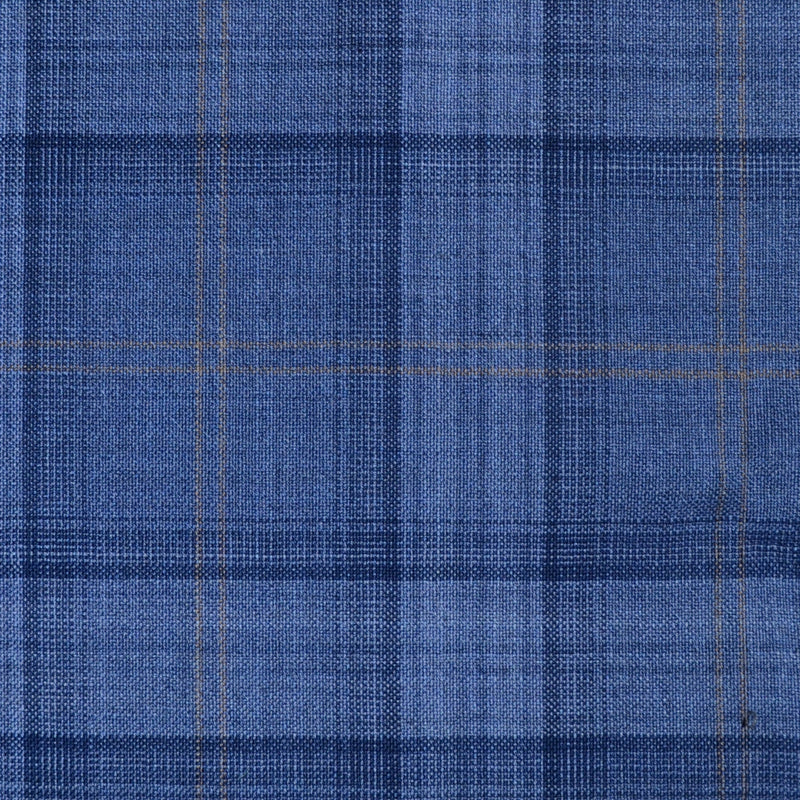 Medium Blue with Navy Blue & Tan Check Super 120's Wool Italian Suiting - 3.50 Metres