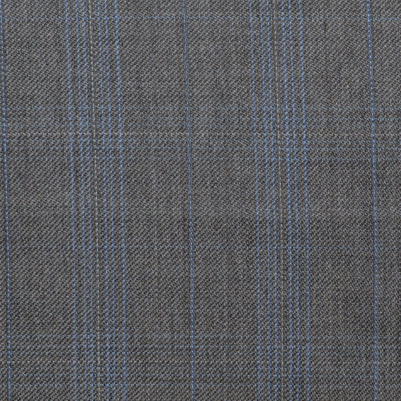 Light Grey/Brown with Blue and Tan Multi Check All Wool Suiting - 2.75 Metres